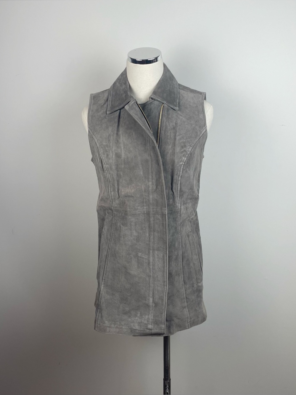 Dennis Basso Gray Tan Leather Full Zip Collared Vest Women XS